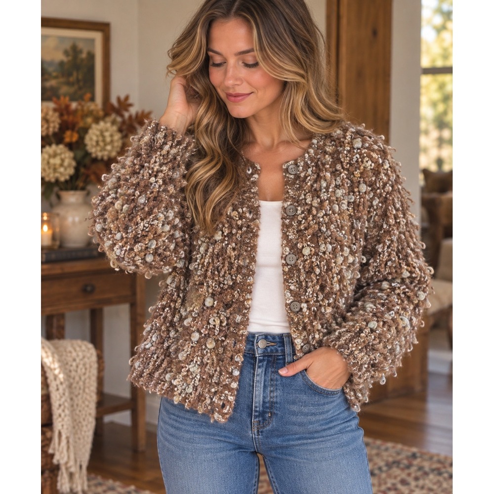 Vintage 80s Alexandria Brown Popcorn Knit Cardigan Sweater Womens Medium